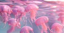 Group Of Pink Jellyfish Floating In The Water, Surreal Scene