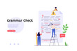 Editing document with text. Correcting grammar mistake with red marker. Teacher fix page text errors. Concept of proofread script, grammar edit, correcting mistake. Vector flat cartoon illustration