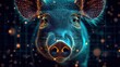  a close up of a pig's face with a lot of dots on it's face and in the background it's image is blue and orange.