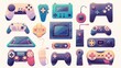 Game consoles. Vintage retro gadgets for kids pleasure relax time gaming stuff recent vector stylized pictures set of gadget for gaming entertainment, control gamepad illustration