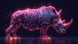  a rhinoceros standing in the middle of a body of water with a lot of lights on it's side and a black background that is reflected in the water.