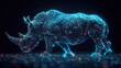  a rhinoceros standing in the middle of a field with a lot of dots on it's body and a lot of lights on its back, all around its neck.