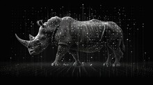  A Rhinoceros Standing In The Middle Of A Dark Room With White Dots On It's Walls And A Black Background With White Dots All Overlays.