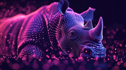 a close up of a rhinoceros head on a black background with pink and purple lights in the foreground 