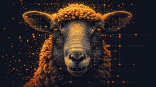  A Close Up Of A Sheep's Face On A Black Background With Orange Dots In The Middle Of The Image And On The Left Side Of The Sheep's Head Is A Black Background With Orange Dots.