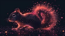  A Computer Generated Image Of A Squirrel On A Black Background With Red And Pink Lights And A Black Background With A Red And Pink Lightening Squirrel On It's Tail.