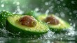  an avocado that has been cut in half and is being dropped into the water with a drop of water on top of the avocadowhite.