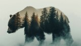 Fototapeta  - the essence of wildlife conservation, with the silhouette of a bear filled with a dense, misty forest scene representing the animal's habitat