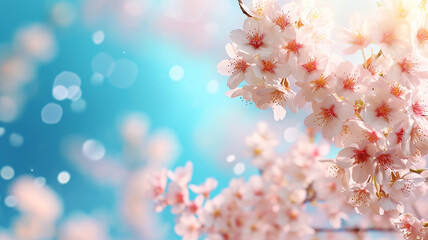 Branch of blossoming sakura against blue sky
