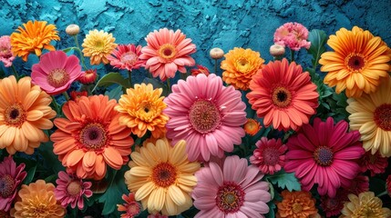   a close up of a bunch of flowers with a blue wall in the background and a blue wall in the background with a bunch of flowers in the foreground.