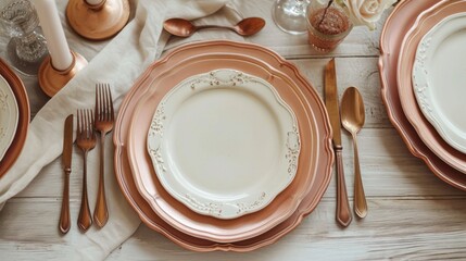 Wall Mural -  a table topped with plates and silverware on top of a white table cloth covered in a white and pink napkin and a gold colored fork and knife and fork.