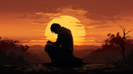 Wall Mural - lonely desperate man pray and ask god about help, tired male in desert