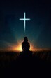 © goami - person prayer at nature, faith and christianity concept, cross at night sky