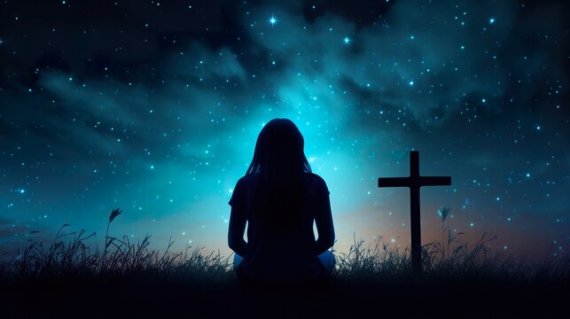 person prayer at nature, faith and christianity concept, cross at night sky