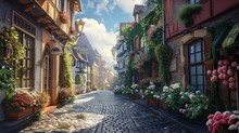 Quaint European Village Street With Cobblestone And Flowers Illustration