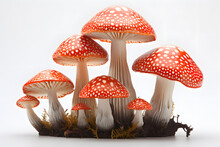 A Group Of Red And White Mushrooms