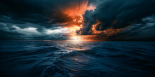 Dramatic Cloudy Sunset Over The Sea With A Huge Dark Cloud Above It