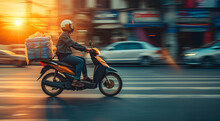 Delivery Motoboy Speeding At Sunset. City ​​biker.