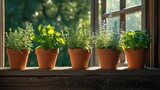 Fototapeta  - a variety of potted spicy herbs such as spearmint, rosemary, and thyme, thrive on a wooden windowsill