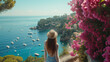 © Another vision - Woman enjoying scenic coastal view with blooming flowers and boats on water