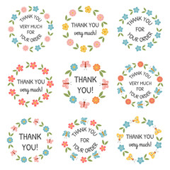 Wall Mural - Thank you round labels, appreciation stickers collection. Thank you for your order. Template for gift packaging, customers orders, Thanksgiving, appreciation. For small business, floristic, beauty.