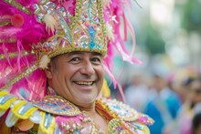 A Vibrant Man Adorned In A Kaleidoscope Of Colors, Grinning With Excitement As He Partakes In The Lively Celebration Of Mardi Gras, Adorned With Traditional Fashion Accessories, Dancing Freely In The