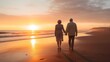 old senior couple walking by sea beach at sunset, older romantic man and woman walk by ocean shore at summer sunrise