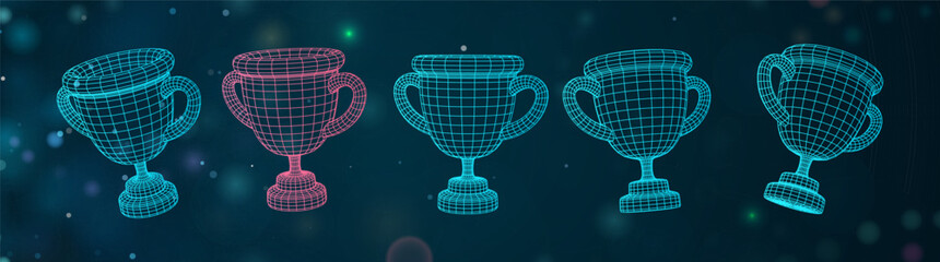 Champion cup 3d icons collection. Mesh grid winner goblet vector design elements set. Three-dimensional bowles on dark blur background. Futuristic HUD elements