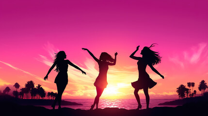 Wall Mural - silhouette of happy women friends dancing at beach party at sunset, joyful group of female celebrate on vacation