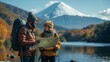 A young couple bearded international travel in Fuji japan landmark is navigating map,generative ai
