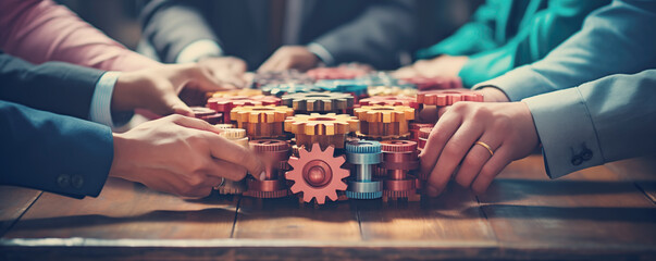 Wall Mural - Men hands connecting cog wheels on the table indoors. Concept of the teamwork and cooperation in business.