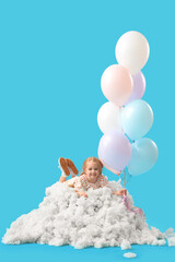 Sticker - Cute little girl with beautiful balloons lying on cloud against blue background