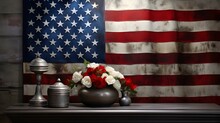 An American Flag And Flowers On A Table, In The Style Of Dark Silver And Red, Ultra Realistic