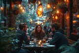 Fototapeta  - Amidst the bustling city street, a group of stylishly dressed individuals enjoy a night of laughter and conversation over drinks at an outdoor restaurant, their faces illuminated by the warm glow of 