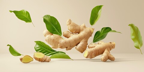 flying fresh ginger root and leaves on a gently pale background, healthy food, a source of vitamins,