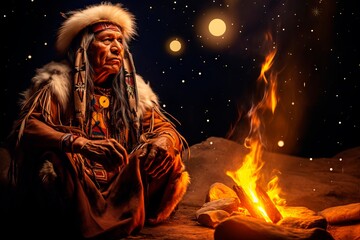 Wall Mural - Native American elderly shaman with ceremonial headdress by a fire under night sky. Tribal leader. Concept of indigenous culture, traditional ritual, native attire, spiritual ceremony, meditation