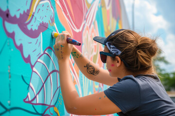 Wall Mural - Artist creating colorful mural on urban walls during a public art event