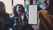 © ArkSense - Hand holding showing an isolated smartphone device with blank empty white screen with happiness smiling laughing young people friends, social communication technology concept