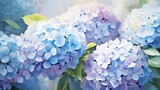 Impressionist style hydrangea flowers painting style. Beutiful light blue and light purple Hydrangea flowers in full bloom, in the garden.