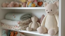 A Well-organized Nursery Shelf Adorned With Plush Toys, Knitwear, And Delicate Baby Accessories In A Gentle Color Palette