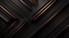 Luxury Abstract Black Metal Background With Golden Light Lines. Dark 3d Geometric Texture Illustration. Bright Grid Pattern.