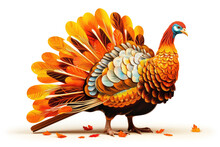 Colorful Turkey Painting In Watercolor Style, Thanksgiving Day Concept On White Background.