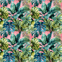  watercolor seamless pattern green colors tropical leaves on pink background