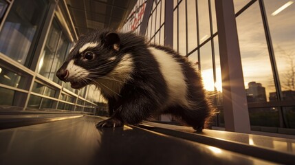 Poster - A black and white striped animal standing in front of a building. Generative AI.