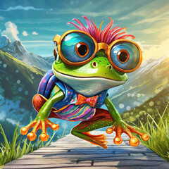 colourful big eye frog with punk hair and cool sun glasses cartoon looking jumping on footpath