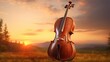Closeup violin among the nature in the sunset