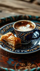 Poster - Coffee and pastry on a blue and white plate. Generative AI.