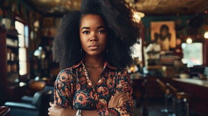 Poster - A woman with afro hair standing in a barber shop. Generative AI.