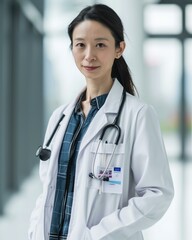 Sticker - Asian female doctor standing in hospital corridor. Generative AI.