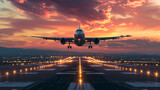 Fototapeta  - Airplane flying over the airport runway at sunset. 